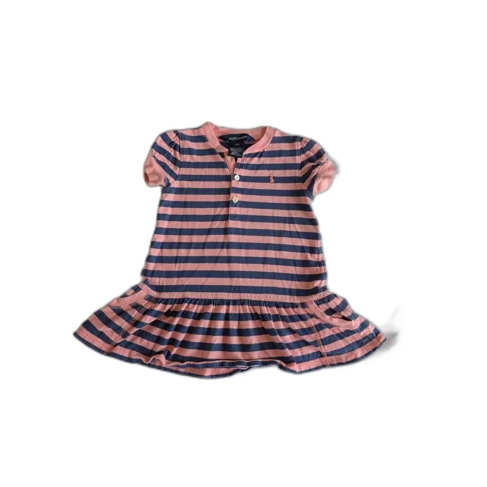 Ralph Lauren Baby Girls 12M Pink Navy Striped Cotton Dress Preppy Nautical